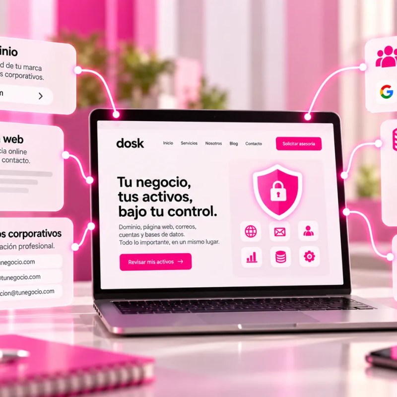 Ilustración de los activos digitales de una empresa: dominio, página web, correos corporativos, cuentas de servicios, bases de datos y redes sociales.