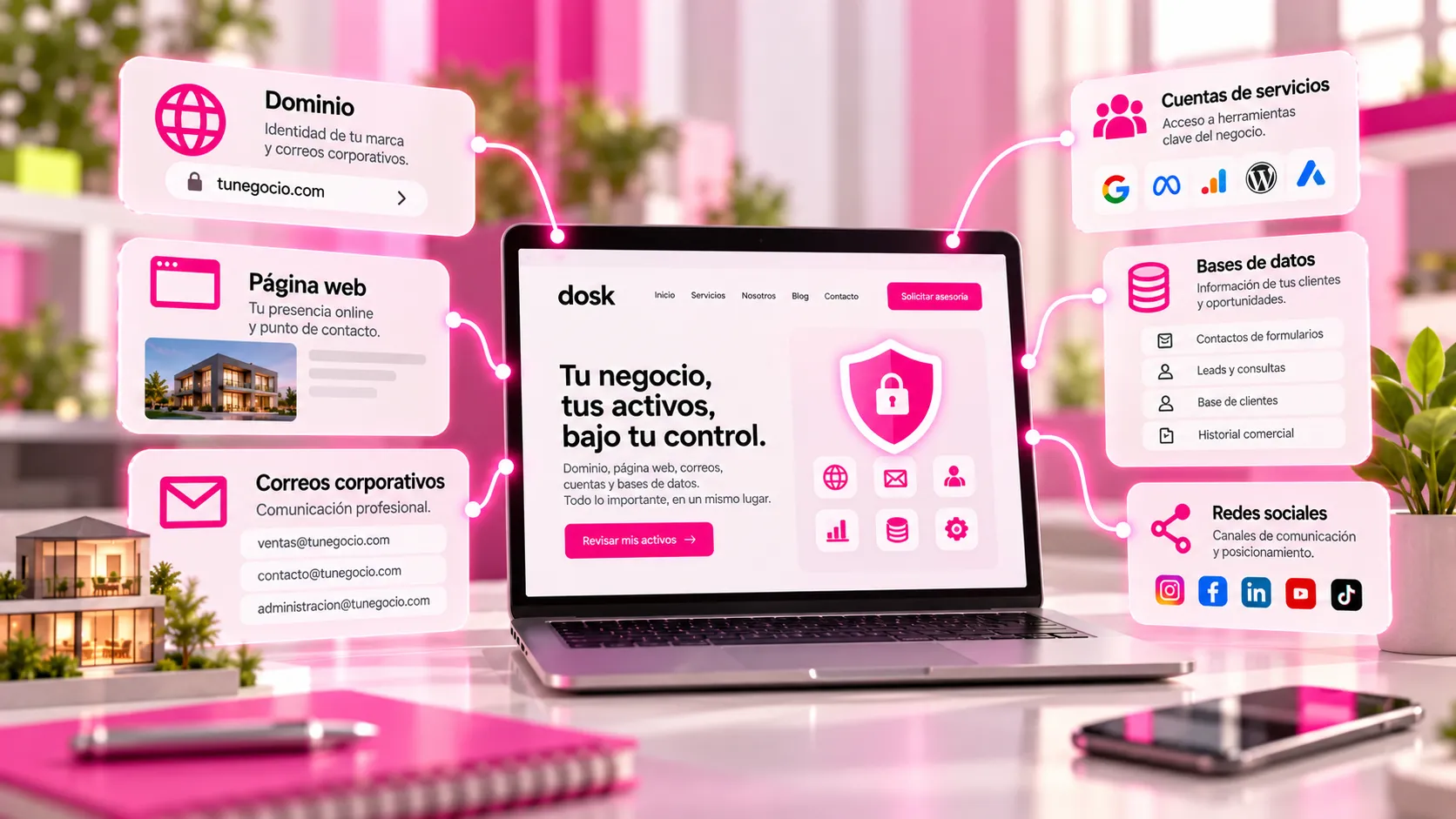 Ilustración de los activos digitales de una empresa: dominio, página web, correos corporativos, cuentas de servicios, bases de datos y redes sociales.