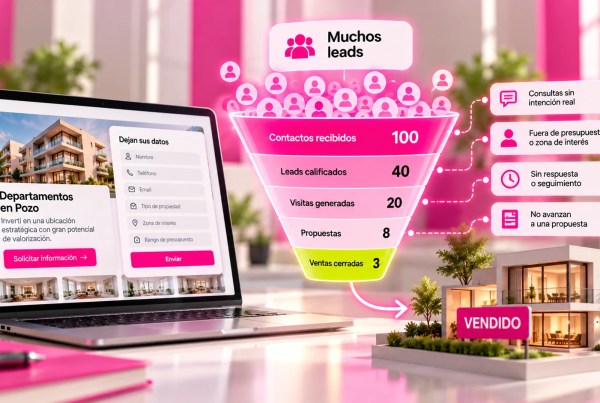 Ilustración de un embudo de ventas inmobiliarias que muestra cómo 100 leads se reducen a 40 contactos calificados, 20 visitas y 3 operaciones cerradas.