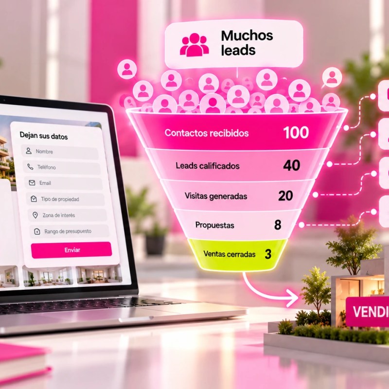 Ilustración de un embudo de ventas inmobiliarias que muestra cómo 100 leads se reducen a 40 contactos calificados, 20 visitas y 3 operaciones cerradas.