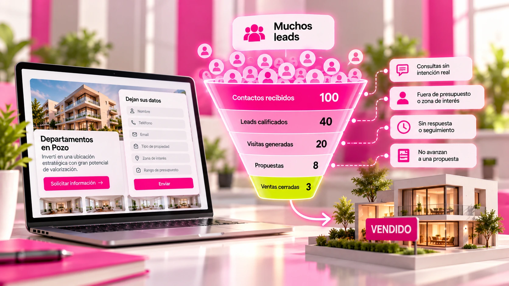 Ilustración de un embudo de ventas inmobiliarias que muestra cómo 100 leads se reducen a 40 contactos calificados, 20 visitas y 3 operaciones cerradas.