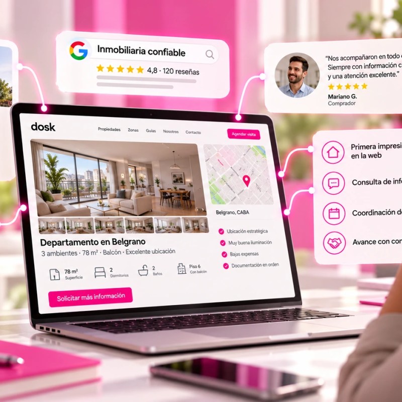 Ilustración de una compradora consultando una página web inmobiliaria con fotografías de una propiedad, reseñas, información detallada y opciones para coordinar una visita.