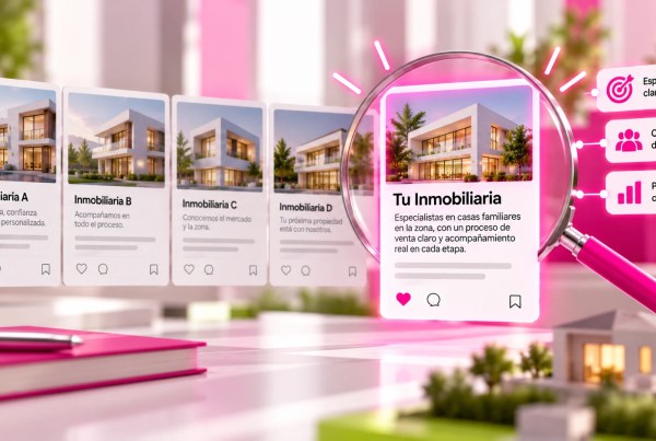 Ilustración de varias inmobiliarias con propuestas similares y una inmobiliaria destacada mediante una lupa, que representa la diferenciación y el posicionamiento de marca.