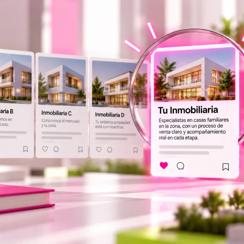 Ilustración de varias inmobiliarias con propuestas similares y una inmobiliaria destacada mediante una lupa, que representa la diferenciación y el posicionamiento de marca.