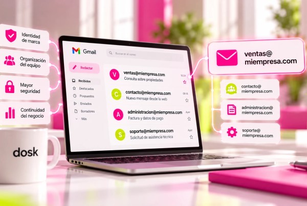 Ilustración de un correo corporativo con dominio propio en una computadora, con cuentas de ventas, contacto, administración y soporte para una empresa.