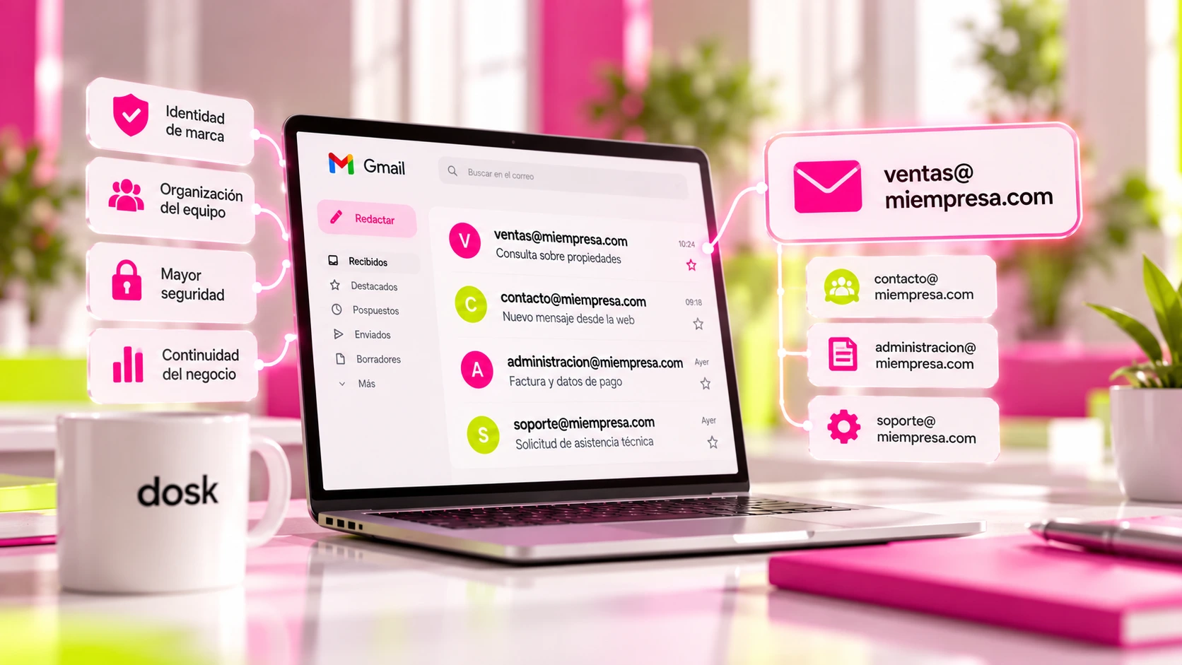 Ilustración de un correo corporativo con dominio propio en una computadora, con cuentas de ventas, contacto, administración y soporte para una empresa.