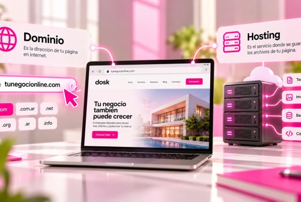 Ilustración de la diferencia entre dominio y hosting, con una dirección web, una computadora que muestra un sitio y servidores donde se alojan sus archivos.