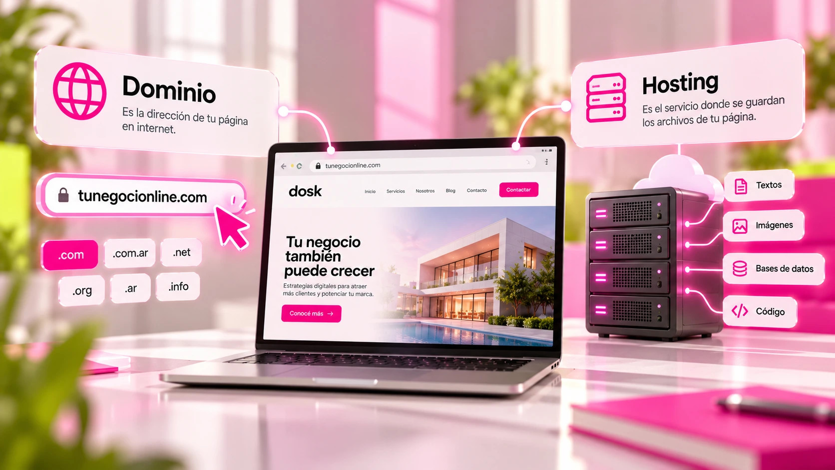 Ilustración de la diferencia entre dominio y hosting, con una dirección web, una computadora que muestra un sitio y servidores donde se alojan sus archivos.