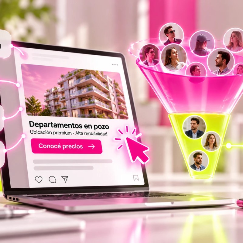 Ilustración de un anuncio inmobiliario y un embudo de conversión que diferencia las consultas de personas curiosas de los leads calificados con intención de compra.