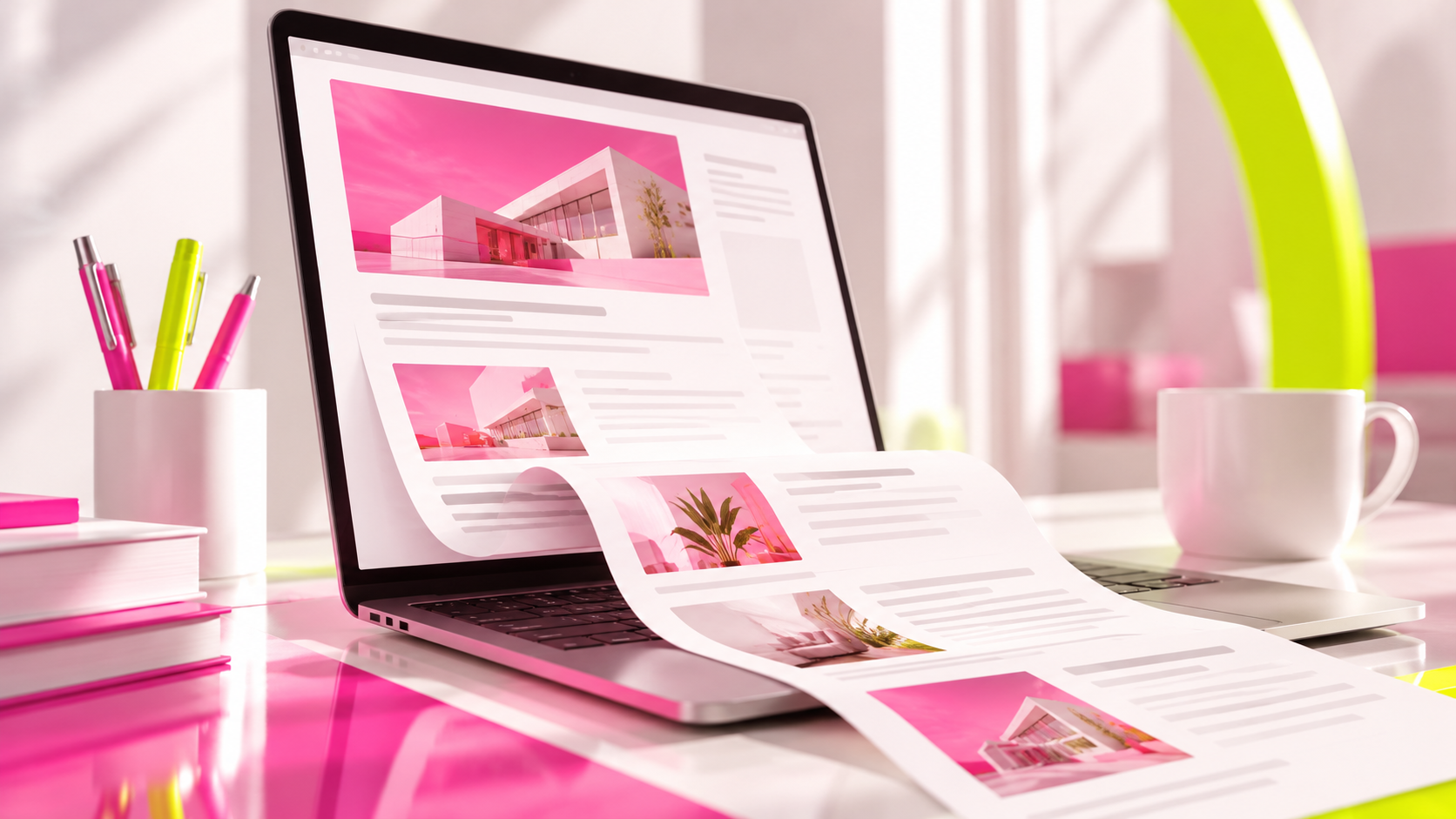 Ilustración de un blog empresarial en una computadora portátil, con artículos digitales que representan la creación de contenido para mejorar el posicionamiento web.