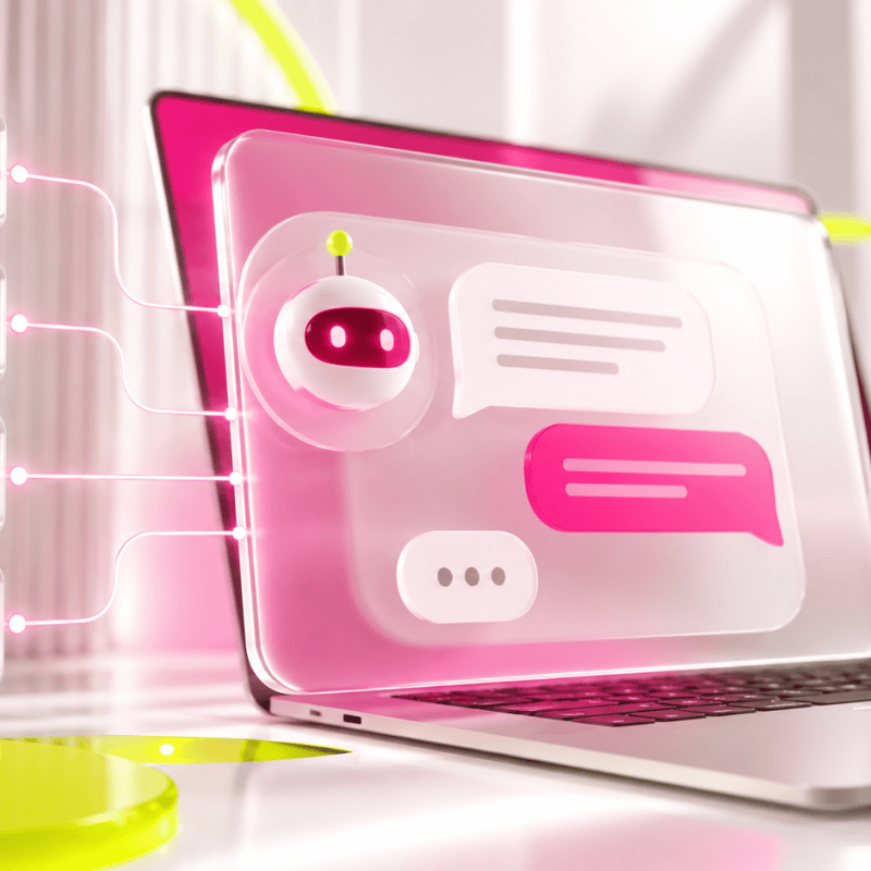 Ilustración de un chatbot integrado en una página web, conectado con WhatsApp, correo electrónico y formularios para automatizar consultas de clientes.