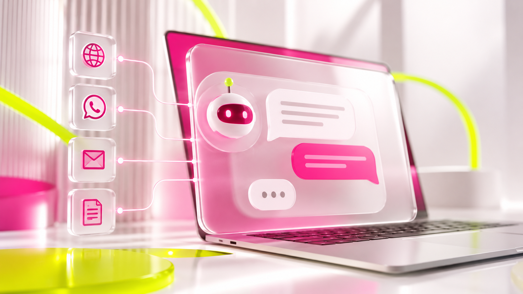 Ilustración de un chatbot integrado en una página web, conectado con WhatsApp, correo electrónico y formularios para automatizar consultas de clientes.