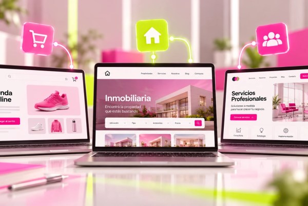 Ilustración de tres tipos de páginas web en computadoras portátiles: tienda online, sitio inmobiliario y web de servicios profesionales, con diferentes funciones.