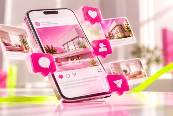 Ilustración de redes sociales inmobiliarias con publicaciones de propiedades, íconos de interacción y mensajes que representan el desafío de generar consultas comerciales.