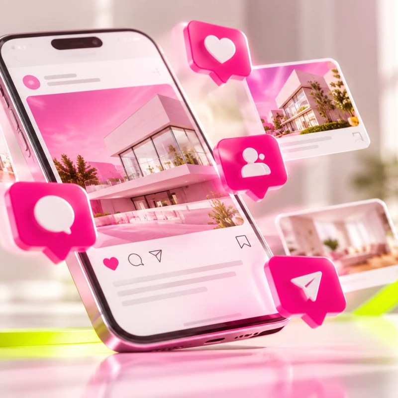 Ilustración de redes sociales inmobiliarias con publicaciones de propiedades, íconos de interacción y mensajes que representan el desafío de generar consultas comerciales.