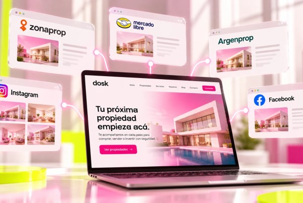 Ilustración de una página web inmobiliaria propia conectada con portales como Zonaprop, Argenprop y Mercado Libre, además de Instagram y Facebook.