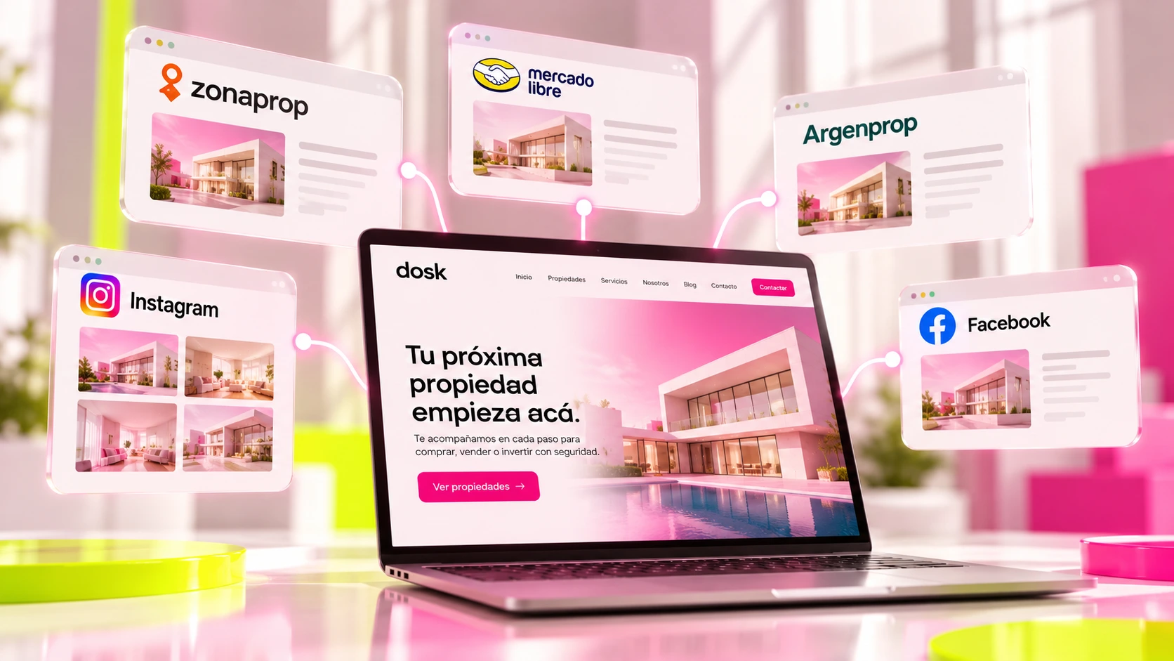 Ilustración de una página web inmobiliaria propia conectada con portales como Zonaprop, Argenprop y Mercado Libre, además de Instagram y Facebook.