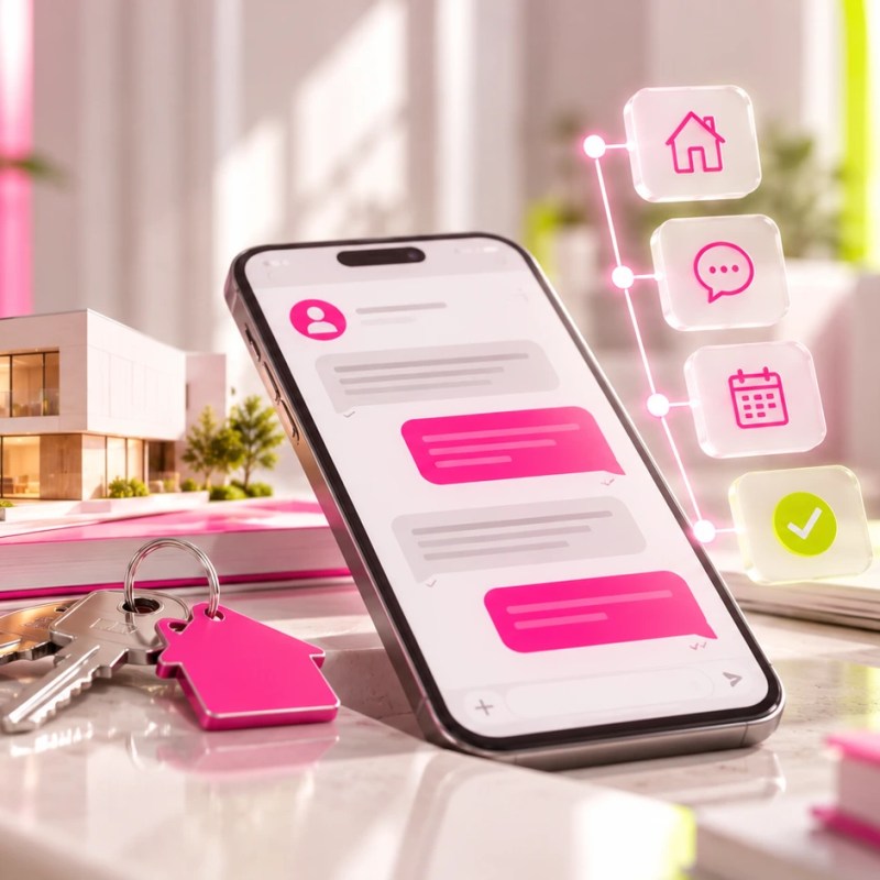 Ilustración del seguimiento inmobiliario después de una visita, con una vivienda, llaves, mensajes de contacto y un calendario para organizar la atención al comprador.
