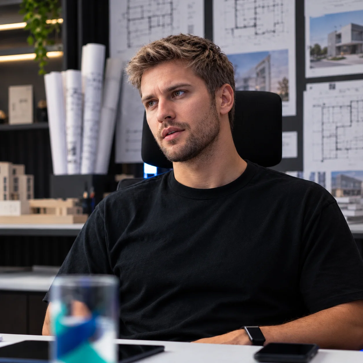 Arquitecto joven en una oficina con planos arquitectónicos y proyectos de edificios de fondo.