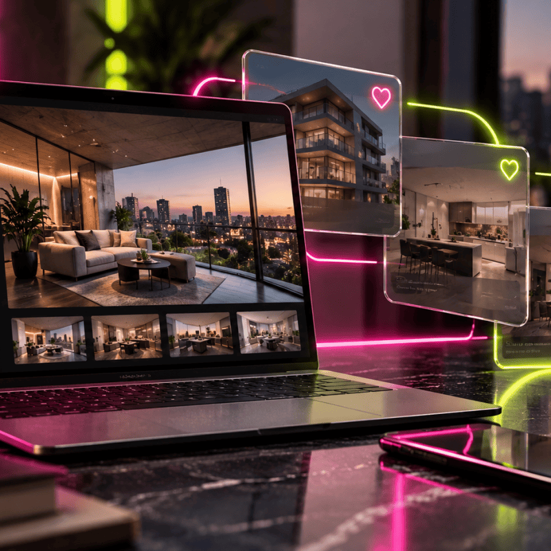 Computadora con una ficha de propiedad inmobiliaria y fotografías de departamentos, acompañada de tarjetas digitales que representan inmuebles guardados para retomar la búsqueda.