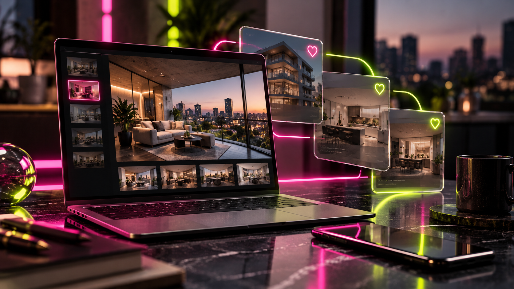 Computadora con una ficha de propiedad inmobiliaria y fotografías de departamentos, acompañada de tarjetas digitales que representan inmuebles guardados para retomar la búsqueda.