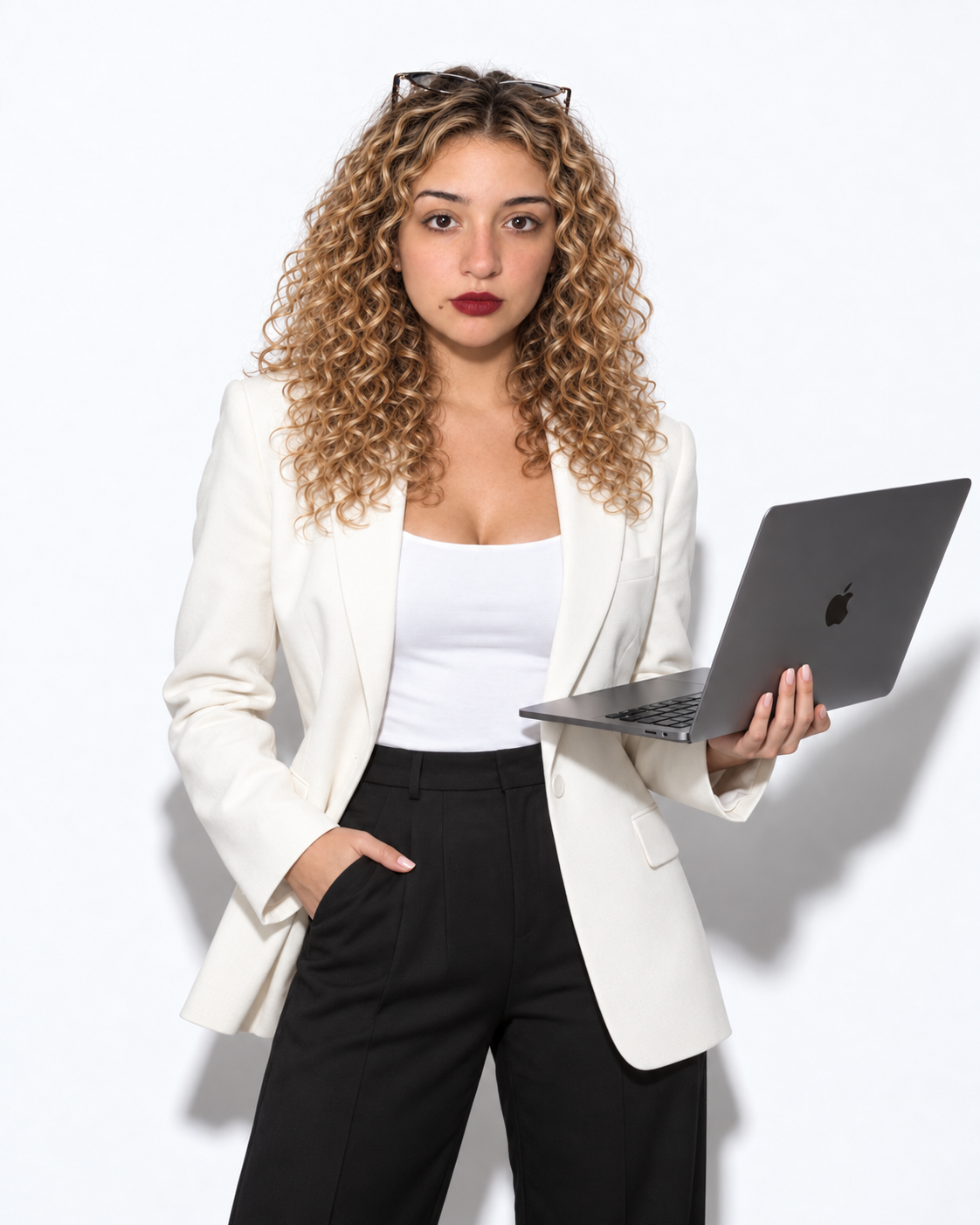 Retrato profesional de Martina Gómez, GEO de dosk, de pie con una computadora portátil, blazer blanco y fondo claro.